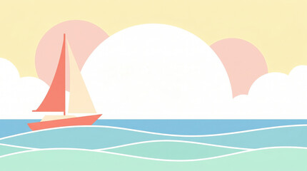 Naklejka premium flat illustration of red sailboat on blue sea waves against pastel yellow sky with large white sun. summer vacation travel concept. nautical landscape. banner, website header with copyspace.