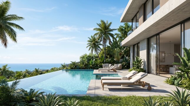 luxury modern concrete villa with infinity pool overlooking blue ocean. tropical summer vacation concept with palm trees and sun loungers. real estate, travel agency, banner, website header, copyspace