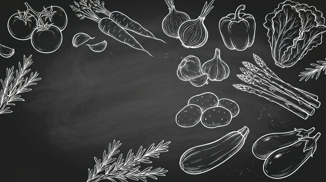 hand drawn chalk vegetables on blackboard background. tomato, carrot, onion, healthy vegan food concept. cooking ingredients illustration. restaurant menu, banner, website header, copyspace.