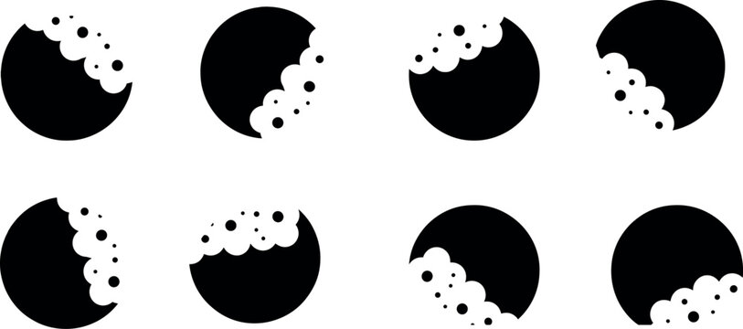 Set of eight black cookie with bite marks and crumbs