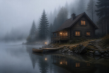 Obraz premium Wooden cabin glowing on foggy lake shore at twilight