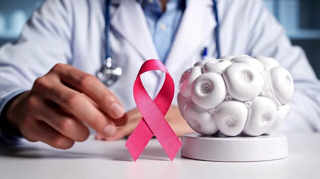 Doctor Places Pink Ribbon Beside Clean Model of Human Organ in Professional Medical Setting Symbolizing Health Awareness and Cancer Research