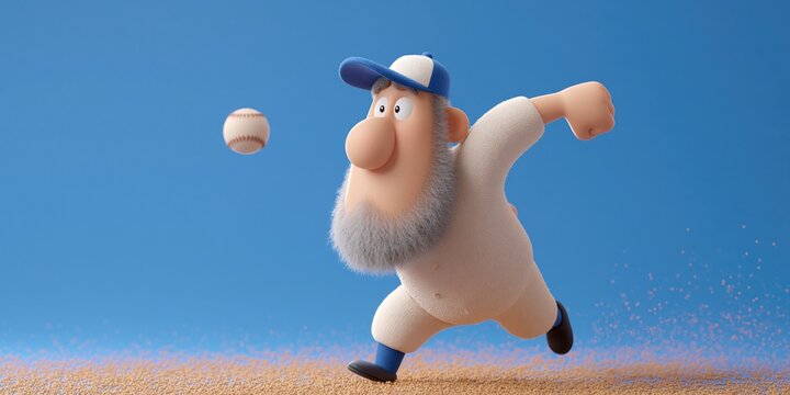 Comical animation pitcher throwing baseball -