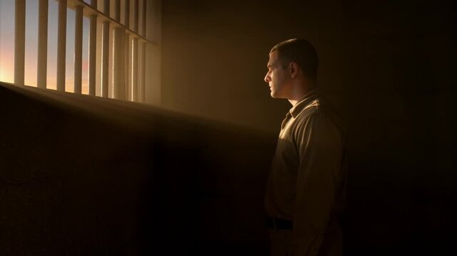 Static shot of man standing and gazing through barred window inside dim prison cell at sunset with warm light rays and deep shadows