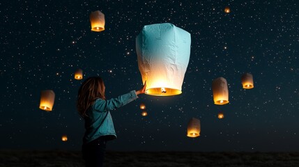 Obraz premium A Serene Monk Amidst the Vibrant Lantern Festival, Capturing the Essence of Cultural Celebration and Peace