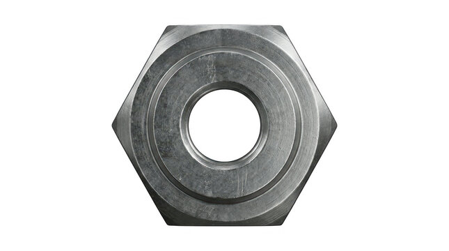Hexagonal metal nut with central hole mounted on a neutral background.