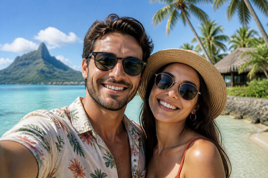 Couple smiling taking selfie on tropical beach with palms