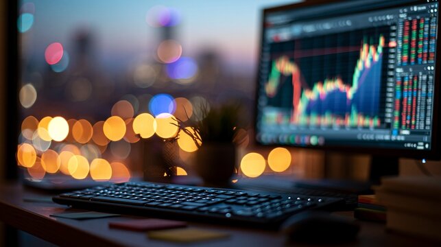 Medium shot of a traders desk featuring a keyboard and sticky notes in sharp focus with a glowing monitor displaying financial charts blurred city lights bokeh in the background.
