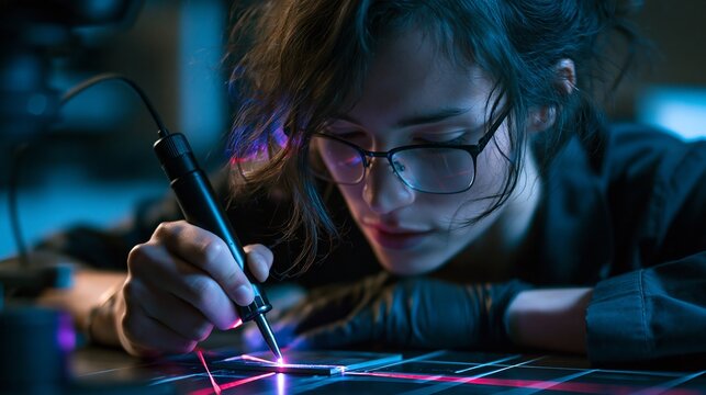 Focused young technician working with a precision soldering iron on detailed electronic components in dark lab