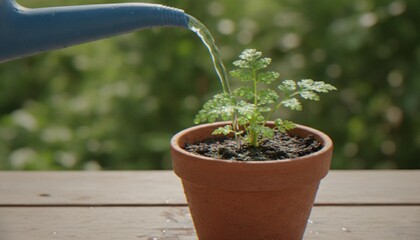 A close-up shot of a small green plant in a terracotta pot being gently watered by a blue watering can against a blurred outdoor background. © Varos