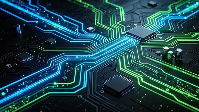 Circuit board with glowing pathways