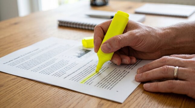 Close up of a person's hands highlighting text on a document with a yellow marker on a wooden desk