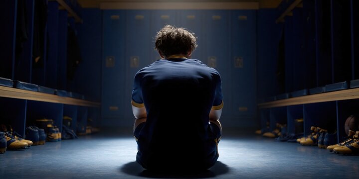athlete sitting alone in locker room