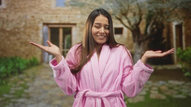 Woman in pink bathrobe raises both hands palms up in a shrug gesture, smiling slightly in front of a stone building entrance; uncertainty.