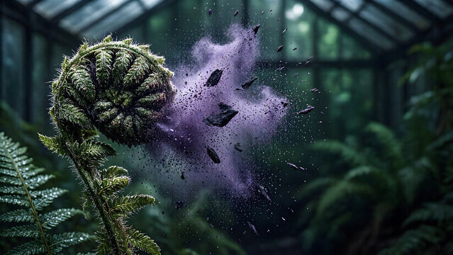 Fiddlehead fern unfurling with purple powder and debris exploding in a greenhouse