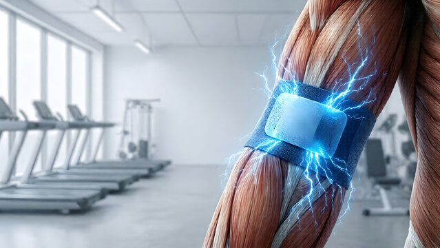 Human arm muscles with electrical stimulation device in a gym 3d render