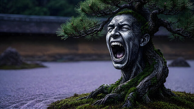 Screaming man's face emerging from a mossy tree in a Japanese garden illustration