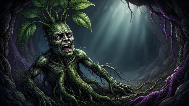 Screaming mandrake creature with leaves on head in dark cave illustration
