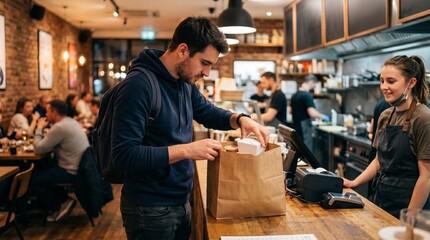 Fototapeta premium Man collecting takeout food order from restaurant counter with smiling staff member in background
