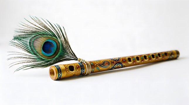 Indian bansuri flute with peacock feather traditional musical instrument