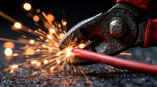 Wire cutters slice through red electric cable, sparks fly in dark setting