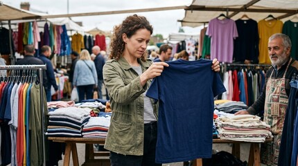 Fototapeta premium Woman examining a blue t-shirt at an outdoor clothing market stall with a vendor in the background