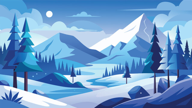 Snowy mountain forest landscape under moonlight with pine trees