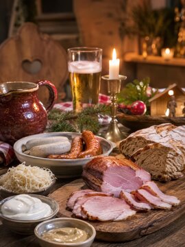 Rustikales Weihnachtsessen in &Ouml;sterreich &ndash; Aufschnitt, W&uuml;rste, Brot, Kren und Sauerkraut auf festlich gedecktem Holztisch.
