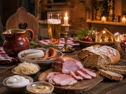&Ouml;sterreichische Weihnachtstafel &ndash; Rustikales Festessen mit W&uuml;rsten, Schinken, Brot, Kren, Sauerkraut und Kerzenschein.