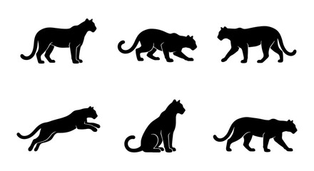 Black Panther Silhouettes: Six Dynamic Poses, Wild Cat Vector Icons, Elegant Feline Graphics for Wildlife and Nature Designs © Nusrat