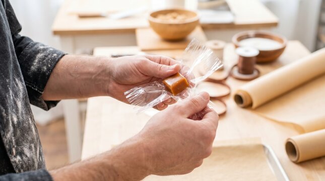 Confectioner wrapping a square piece of caramel candy in clear plastic wrap