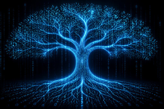 Neon tree connecting luminous branches and roots in data grid