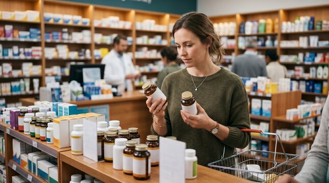 Woman choosing between two supplement bottles in a well stocked pharmacy aisle with shelves full of medication and health products