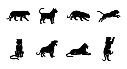 Black Panther Silhouette Icons Set, Wild Cat Vector Graphics, Feline Animal Poses Collection, Big Cat Wildlife Illustrations © Mitu