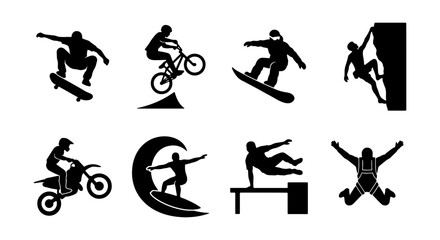 Extreme Sports Icons Set: Skateboarder, BMX Rider, Snowboarder, Climber, Motocross, Surfer, Gymnast, Skydiver Vector Silhouettes © Mitu