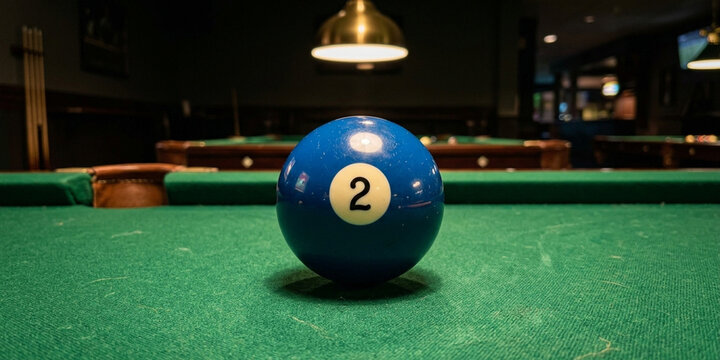 Close-up of blue number 2 pool ball on green table
