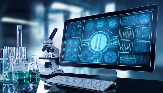 futuristic dna sequencing data on laboratory monitor with glassware and microscope in background concept of longevity science anti aging genomics and precision diagnostics