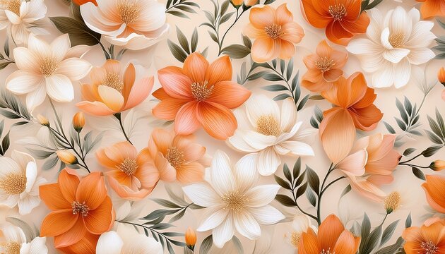 a seamless floral pattern of soft peach orange and white flowers on a light cream background