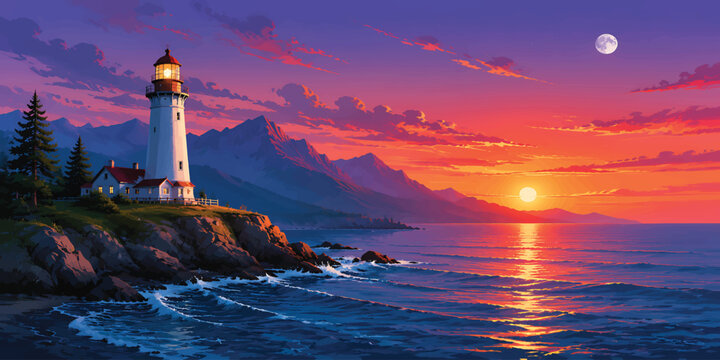 Lighthouse Sunset Ocean Waves Rocky Coast Scenic Seascape Sky Mountains Vector Illustration Background