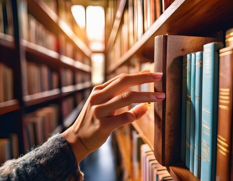 close up of a hand selecting a book from a library shelf concept of education learning research literacy and knowledge suitable for academic school and reading related themes