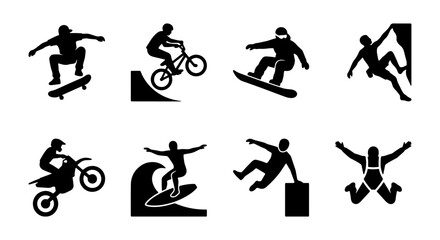 Extreme Sports Icons Set: Skateboarder, BMX Rider, Snowboarder, Climber, Motocross, Surfer, Parkour, Skydiver Vector Graphics © Rahul