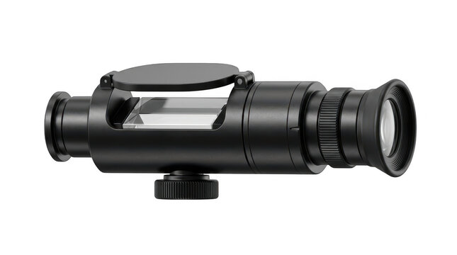 Modern rifle scope with adjustable dials and protective lens casing.