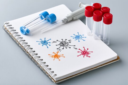 Lab notebook with virus sketches next to sample tubes and pipette on scientific desk