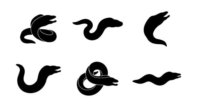 Six Black Silhouette Moray Eels, Marine Life Vector Icons, Ocean Creature Graphics, Underwater Animal Illustrations