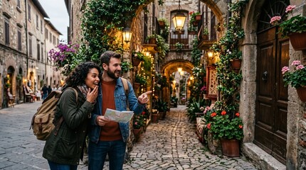 Fototapeta premium Couple exploring charming Italian street with map and flowers