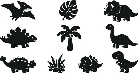 Cute Cartoon Dinosaur Silhouette Grid Baby Prehistoric Characters and Tropical Plant Icons  © MirzaAsmaul