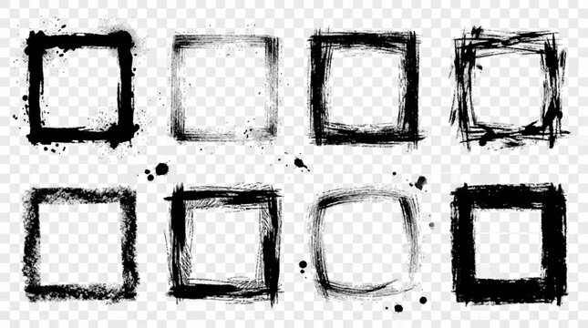 Set of eight grunge black ink square frames with rough brush stroke textures