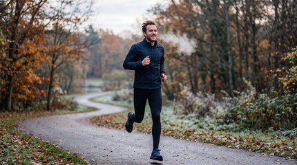 Fototapeta premium Man running on a winding path through an autumn forest with colorful leaves and frosty ground