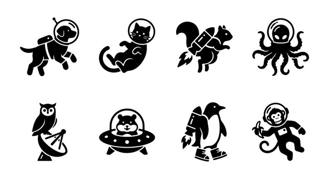 Cute Space Animals Vector Icons Set: Astronaut Dog, Cat, Penguin, Monkey, Alien, Squirrel, Owl, Hamster
