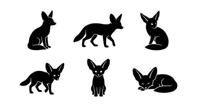 Fennec Fox Silhouettes, Desert Animal Vector Icons, Cute Wild Mammal Poses, Black and White Graphic Elements
